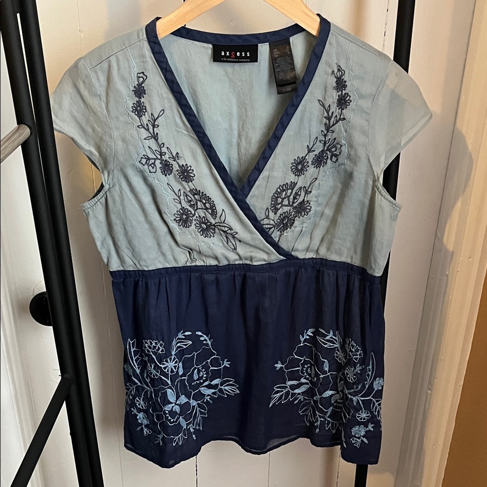 Axcess Two-Tone Blue Floral Embroidered Blouse